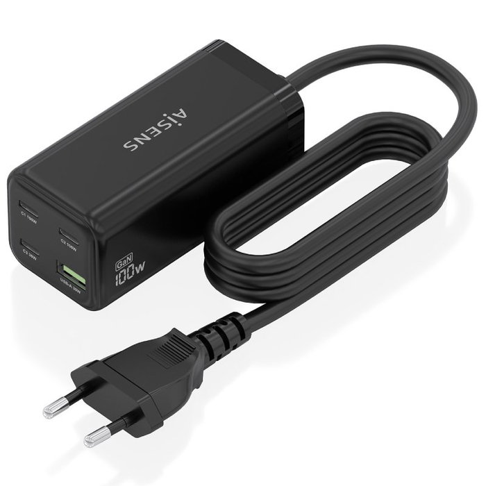 AISENS Cargador de Sobremesa GaN 100W con 3xUSB-C y 1xUSB-A, Negro